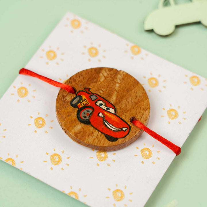 Personalized Hand Painted Cars Theme Wooden Rakhi With Roli Chawal - Front View on Card