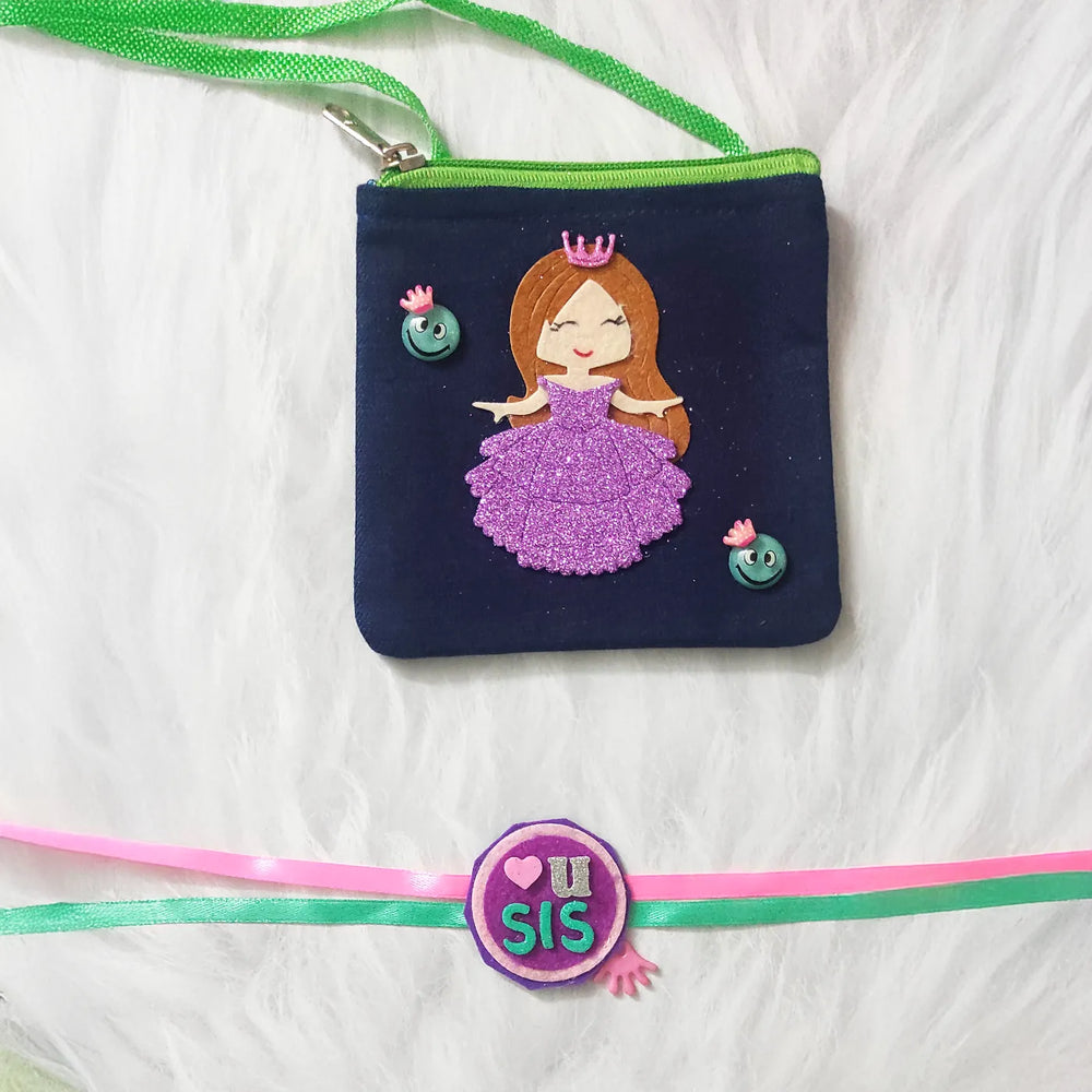 Handmade Princess Theme Felt Rakhi Hamper With Roli Chawal Includes 1 Sling Bag 1 Rakhi - Zipped Pouch with Wrist Strap Front (2)