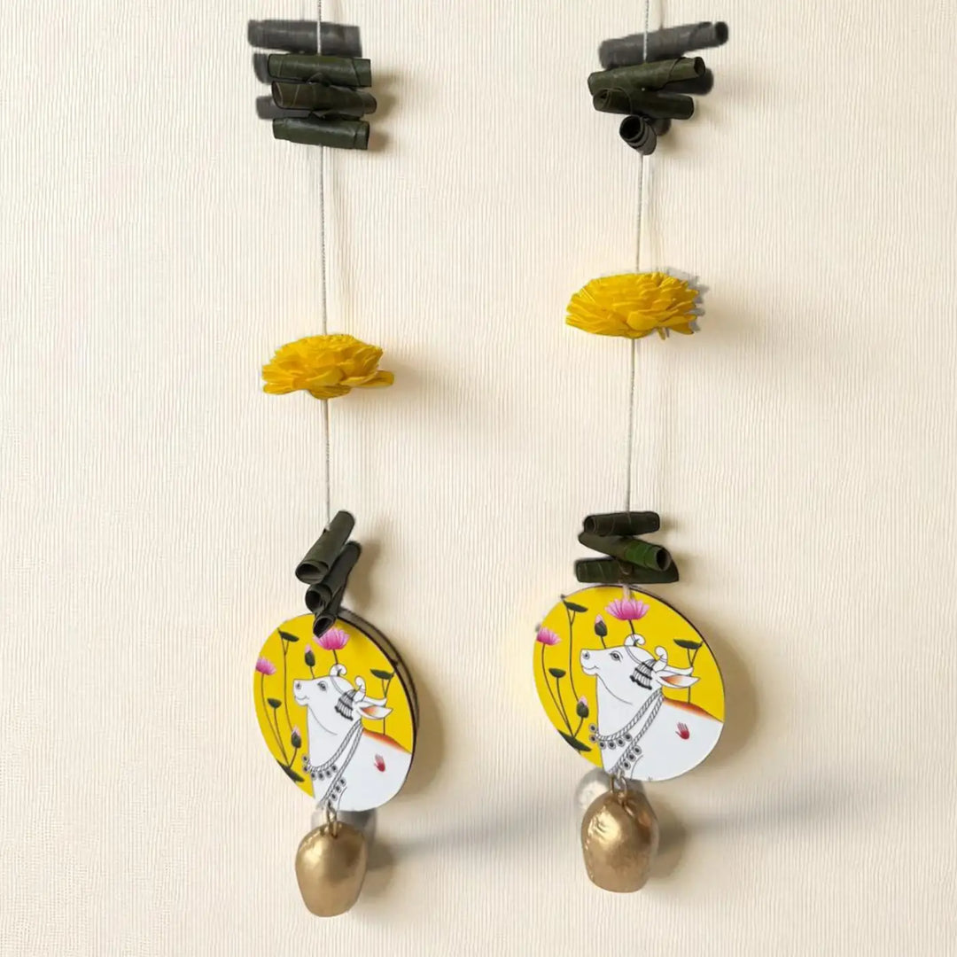 2 Pc | Handmade Yellow Cow Motif Shola Flower Hanging