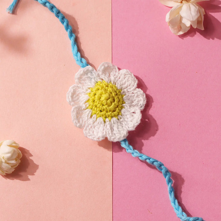 Handmade Crochet Floral Rakhi With Roli Chawal