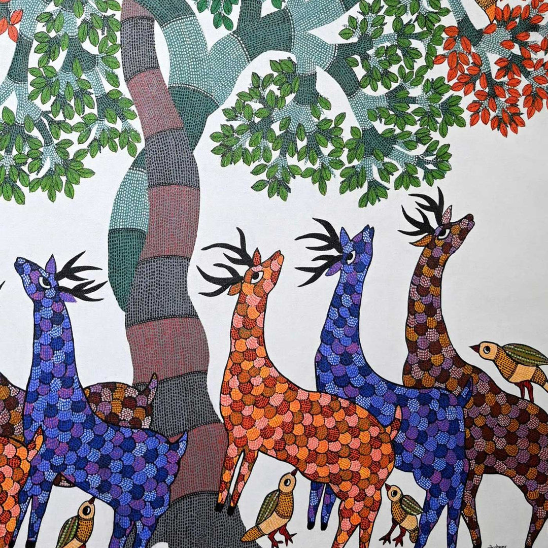 15 x 22 Inch | Peacock, Deers & Birds| Original Hand Painted Tribal Gond Art Painting | Acrylic Paints On Canvas