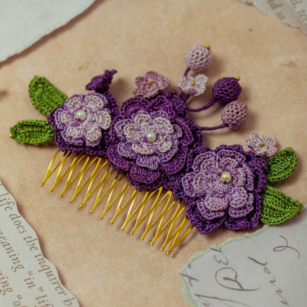 Handmade Crochet Guncha Purple Zinnias Hair Comb Pin