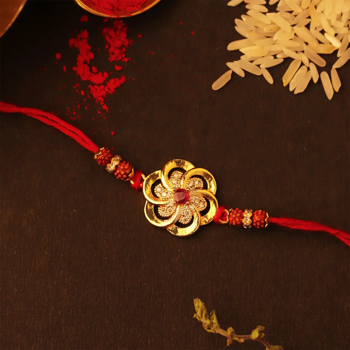 Handmade Golden Flower Rakhi With Roli Chawal
