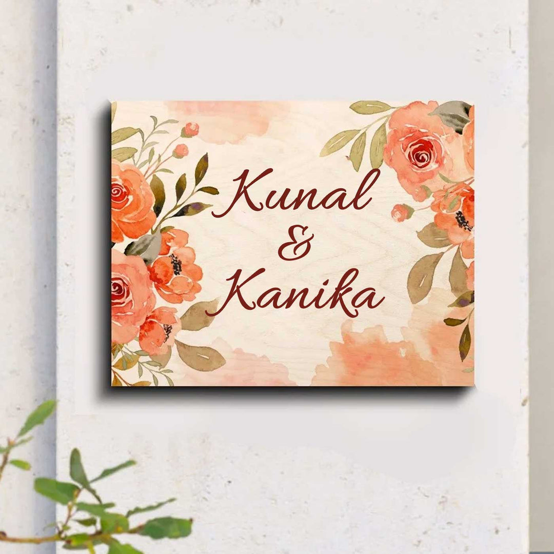 Printed Orange Floral Wooden Rectangle Nameplate 1 - Mounted on Exterior Wall Display