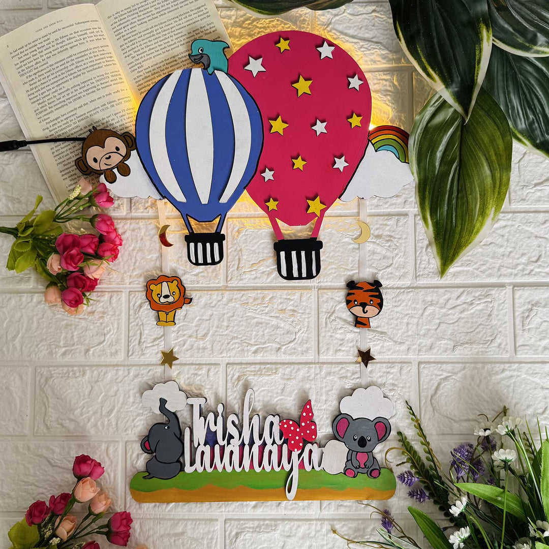 Personalized Handmade Jungle Theme Mdf Wood Name Plate - Hanging Name Display with Balloons