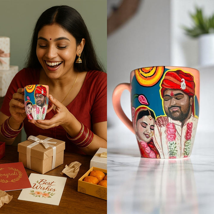 Photo Personalized Hand-Painted Wedding Illustration Ceramic Mug For Couples | 300 ML