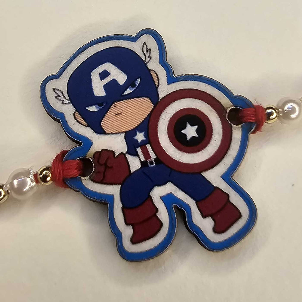 Handmade Avengers Captian America Mdf Wood Kids Rakhi With Roli Chawal - Close-up Angled View