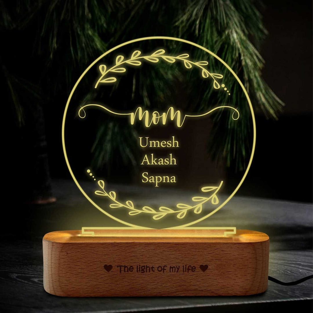 Personalized Leaf Design "Mom" Engraved Acrylic Lamp For Mothers
