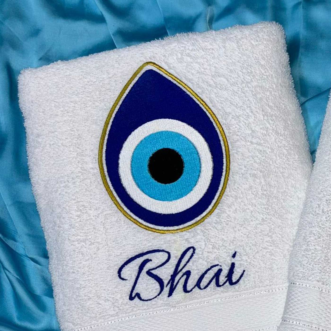 Personalized Embroidered Evil Eye Theme Cotton Bath Towel For Bhaiya And Bhabhi | Set Of 2