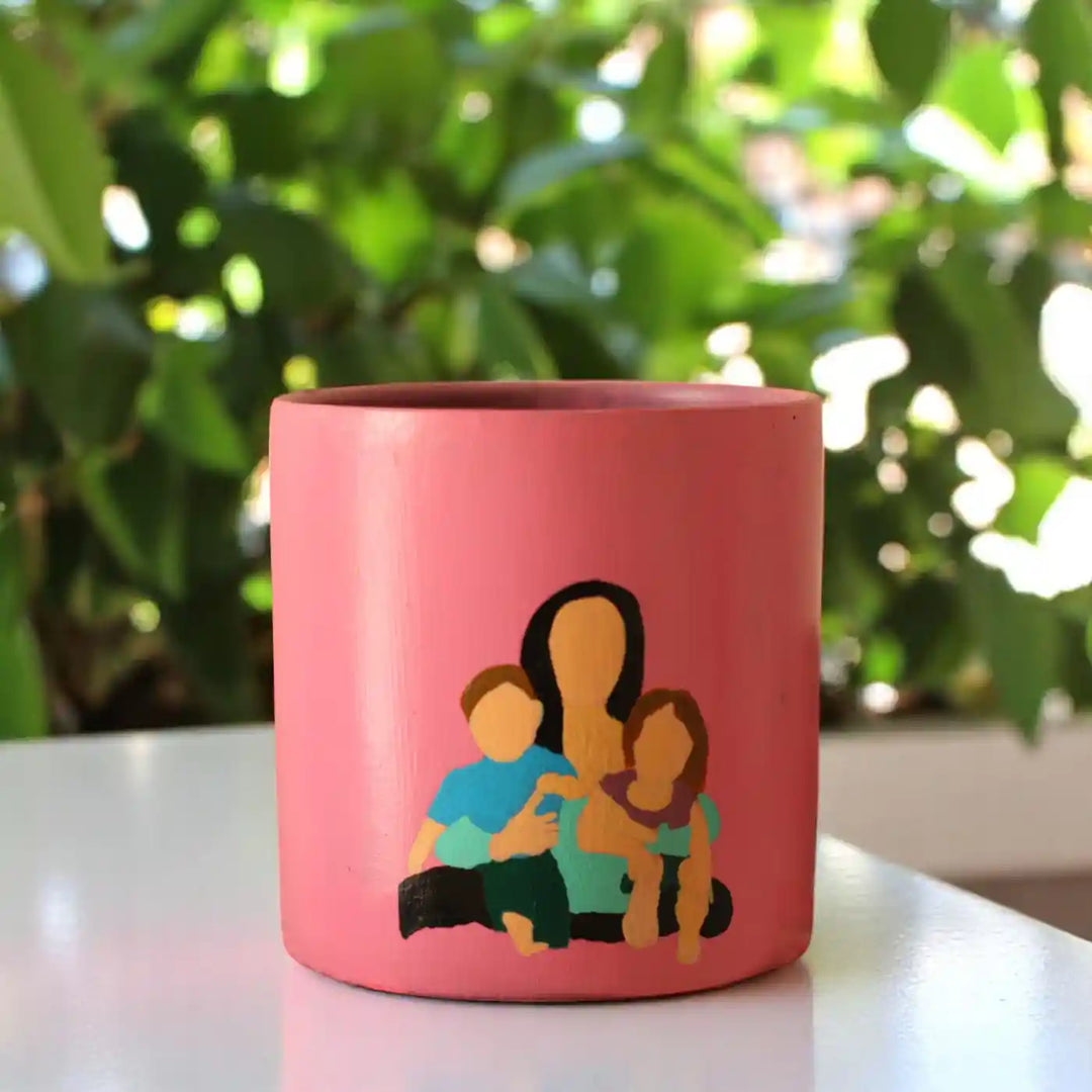 Customized Hand-Painted Mother With Two Kids Terracotta Planter
