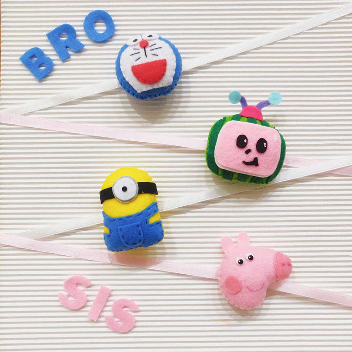 Handmade Doraemon Theme Felt Kids Rakhi With Roli Chawal - Group Display with Multiple Characters