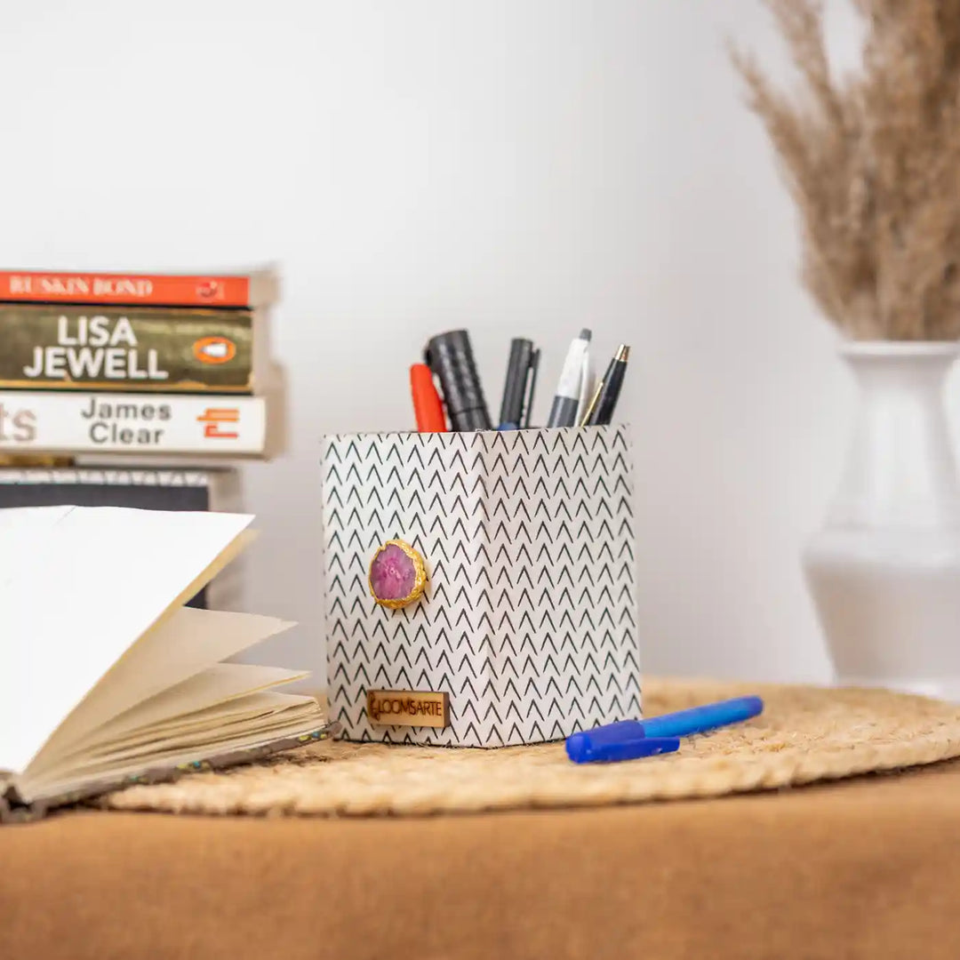 Black And White Cotton Fabric Coated MDF Pen Stand With Agate Accent Office Must-Have