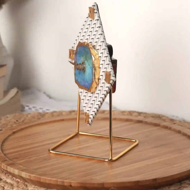 Black And White Diamond Cotton Fabric Coated MDF Desk Clock With Agate Accent | 6 x 4 x 3.5 inch