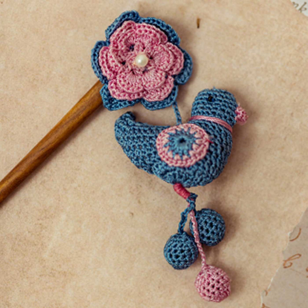 Handmade Crochet Guncha Pink Blue Camelia Birdie Bunch Hairstick