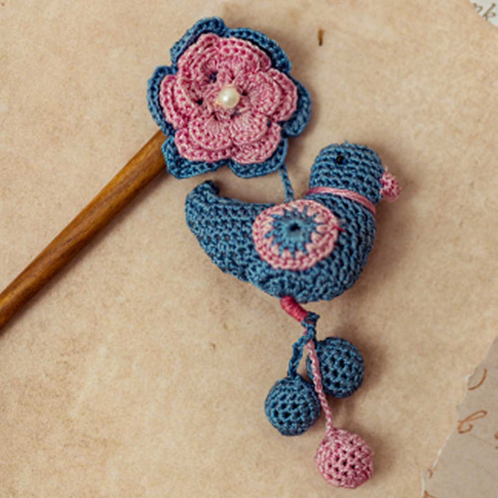 Handmade Crochet Guncha Pink Blue Camelia Birdie Bunch Hairstick