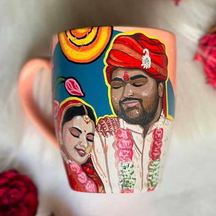 Photo Personalized Hand-Painted Wedding Illustration Ceramic Mug For Couples | 300 ML