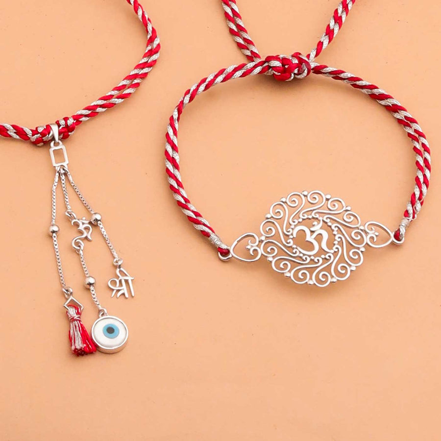 Handmade Om And Evil Eye Religious Silver Bhaiya Bhabhi Rakhi - Two Bracelets Front View