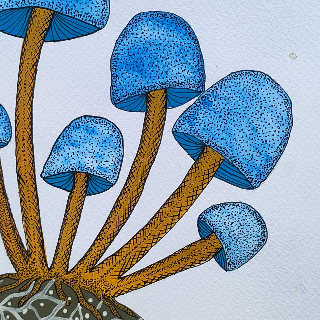 8 x 11 Inch | Blue Mashroom | Original Hand Painted Tribal Gond Art Painting | Acrylic Paints On Paper