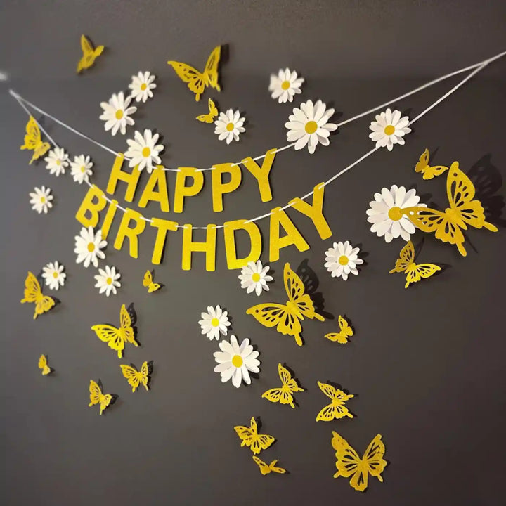 White Daisy And Butterflies Design Happy Birthday Paper Bunting