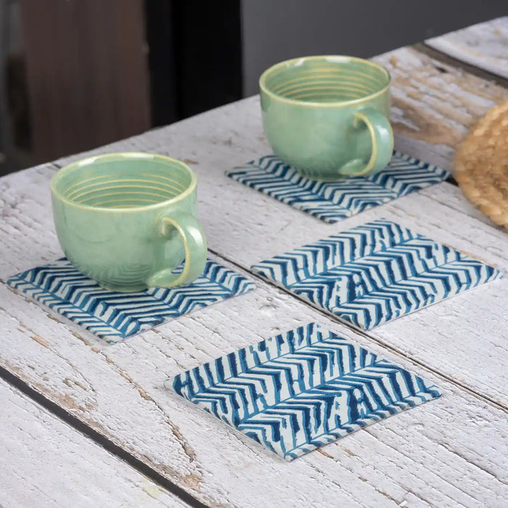 Blue Cotton Fabric Coated MDF Ecofriendly Chic Square Coaster Set  | Set of 4