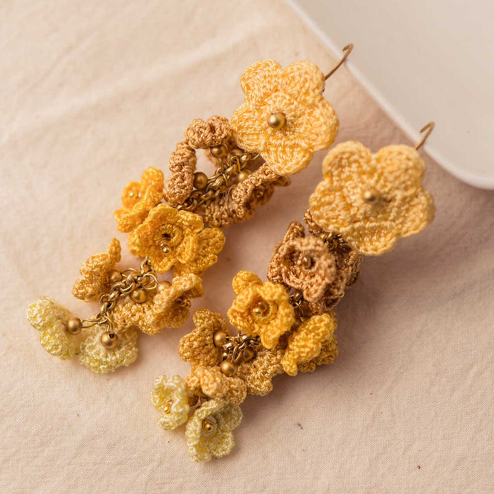 Handmade Crochet Yellow Shower Floral Dangler Earrings