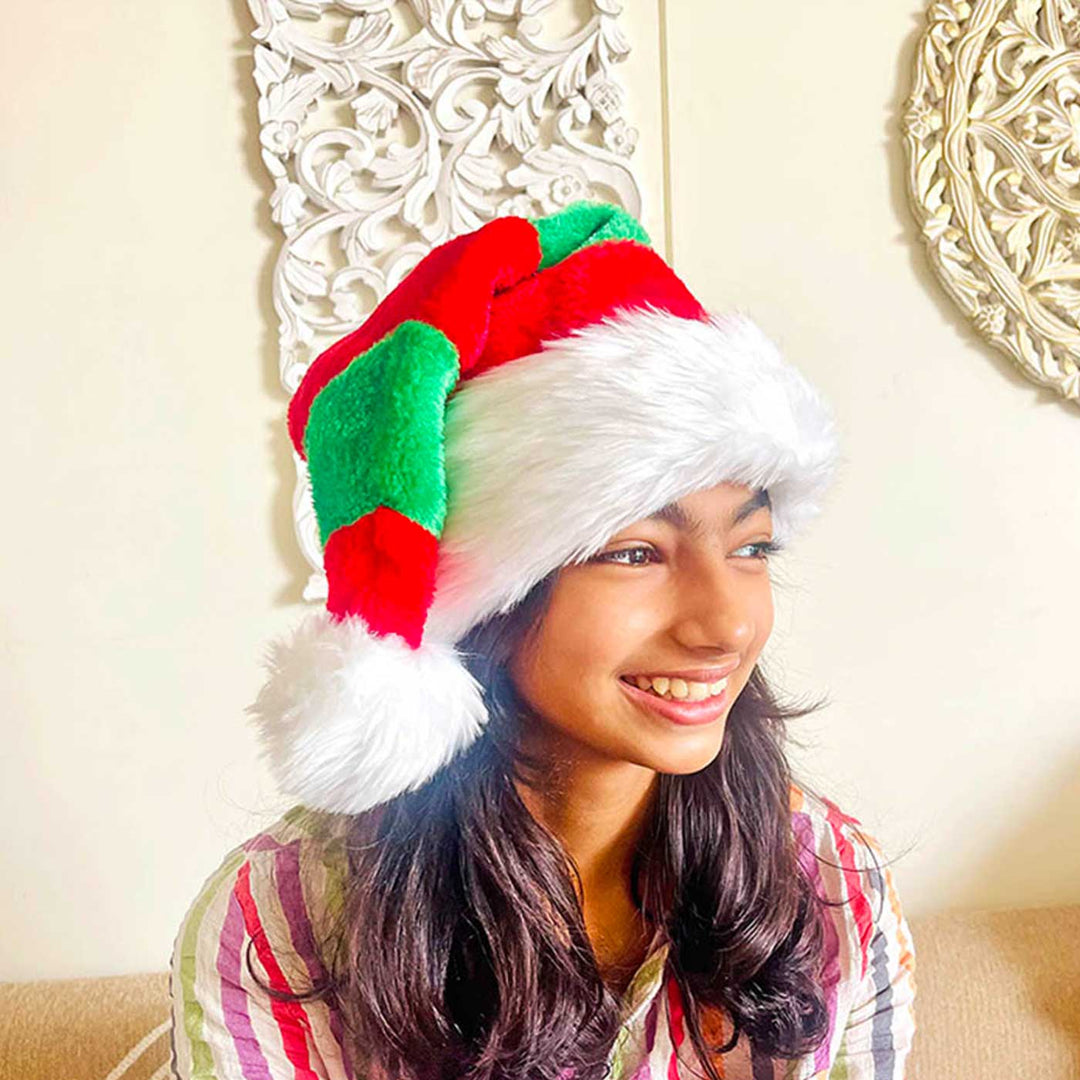 Handmade Green & Red Stripes Furry Velvet Santa Hat | Xmas Gifting Ideas