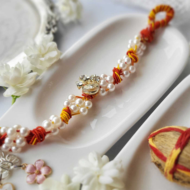 Handmade Beaded Swaroski Stone Rakhi Hamper With Roli Chawal For Sisters - Angled View Showing Decoration