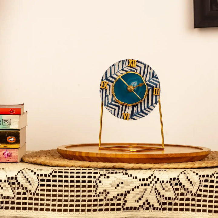 Blue Round Cotton Fabric Coated MDF Desk Clock With Agate Accent | 6 x 4 x 3.5 inch