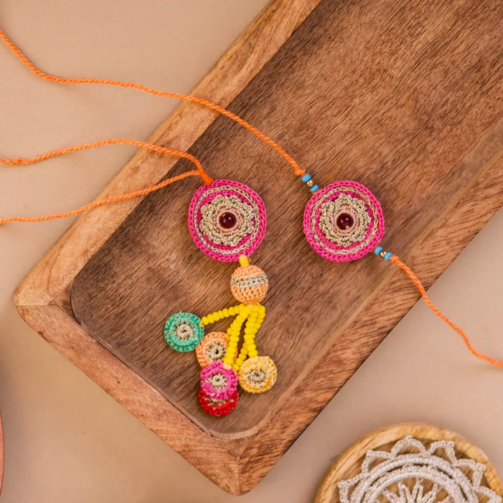 Handmade Crochet Pink Mandala Bhaiya Bhabhi Rakhi With Roli Chawal Set Of 2 - Top View with Detailed Embellishments