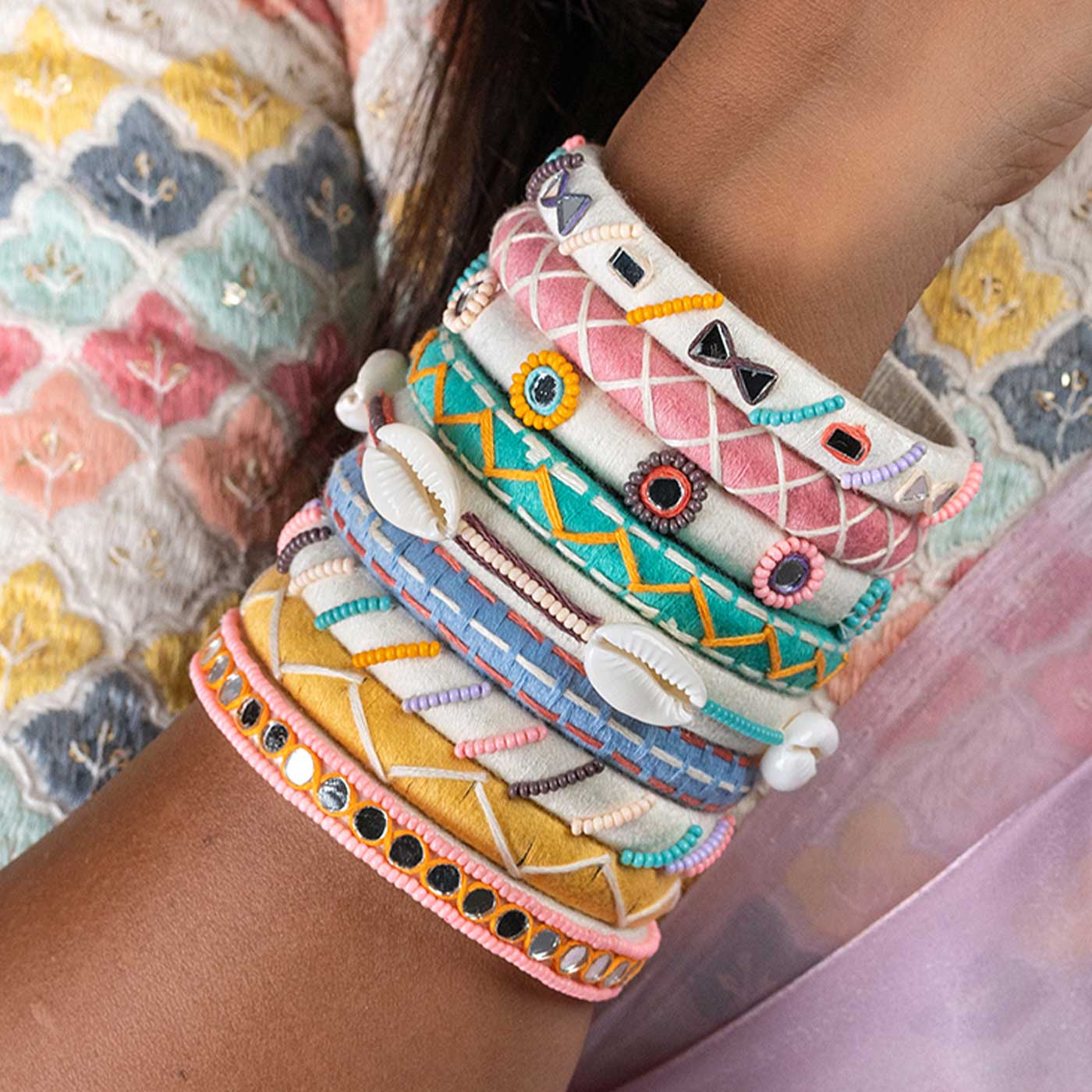 Buy Pastel Handcrafted Vidhya Beads & Work Mirror Bangles | Set of