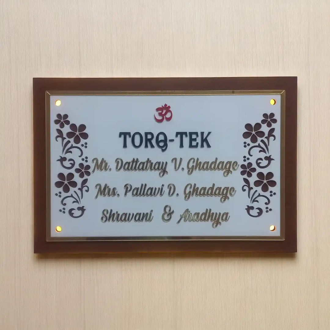 Personalized Handmade Rectangular Flower Wooden Name Plate With Light