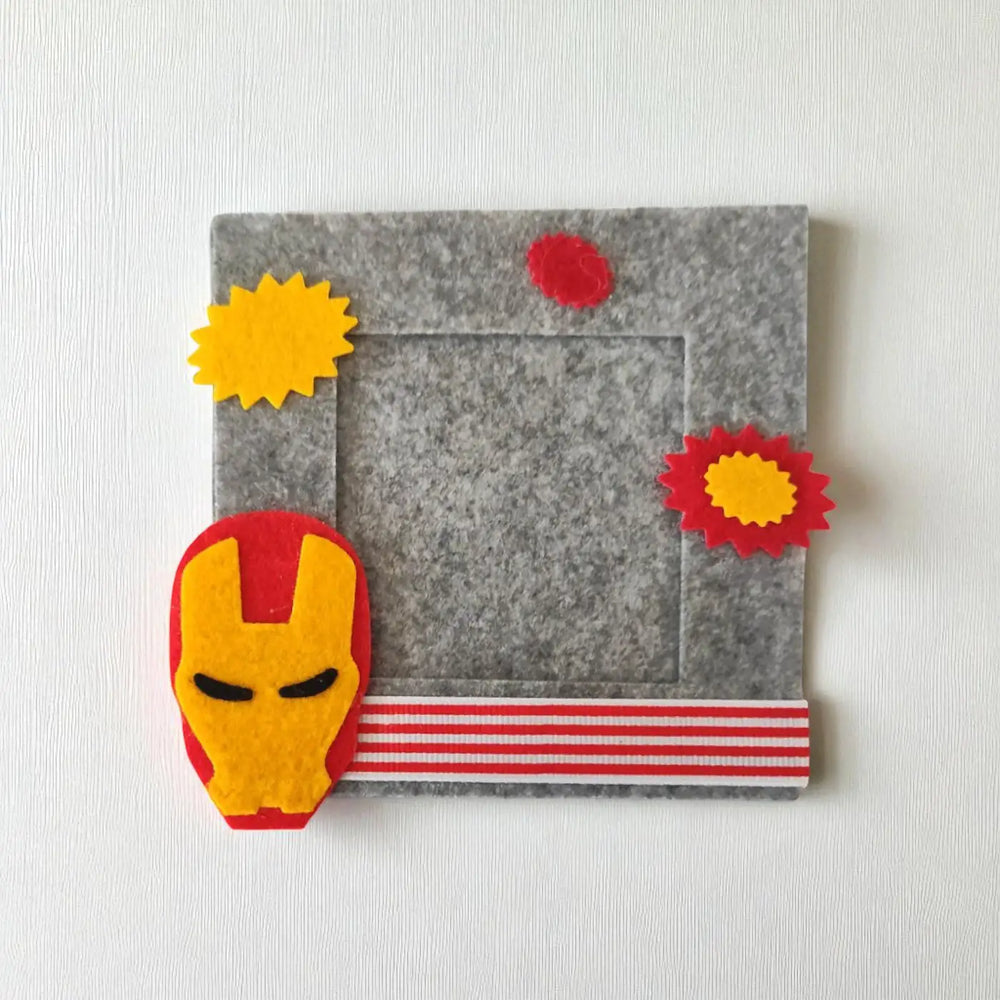 Photo Personalized Iron Man Theme Felt Rakhi Hamper With Roli Chawal Includes 1 Magnetic Photo Frame 1 Rakhi - Flat Lay Frame Only
