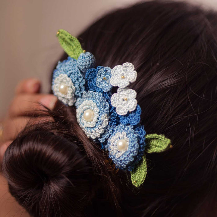Handmade Crochet Guncha Blue Daisy Bush Hair Comb Pin