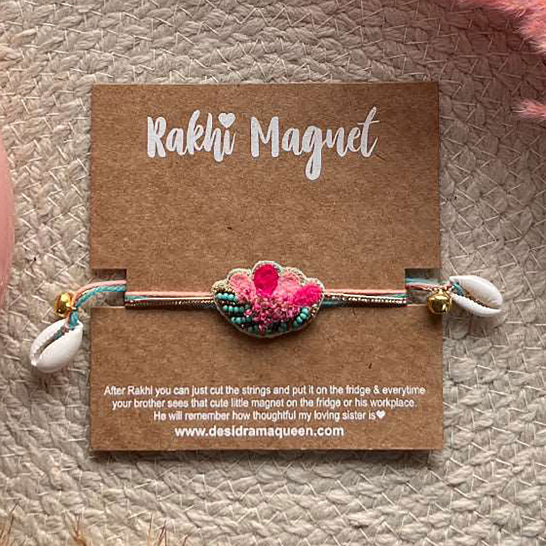 Handmade Flower Design Ghungroo And Shell Felt Rakhi For Brother - Front View with Packaging Card