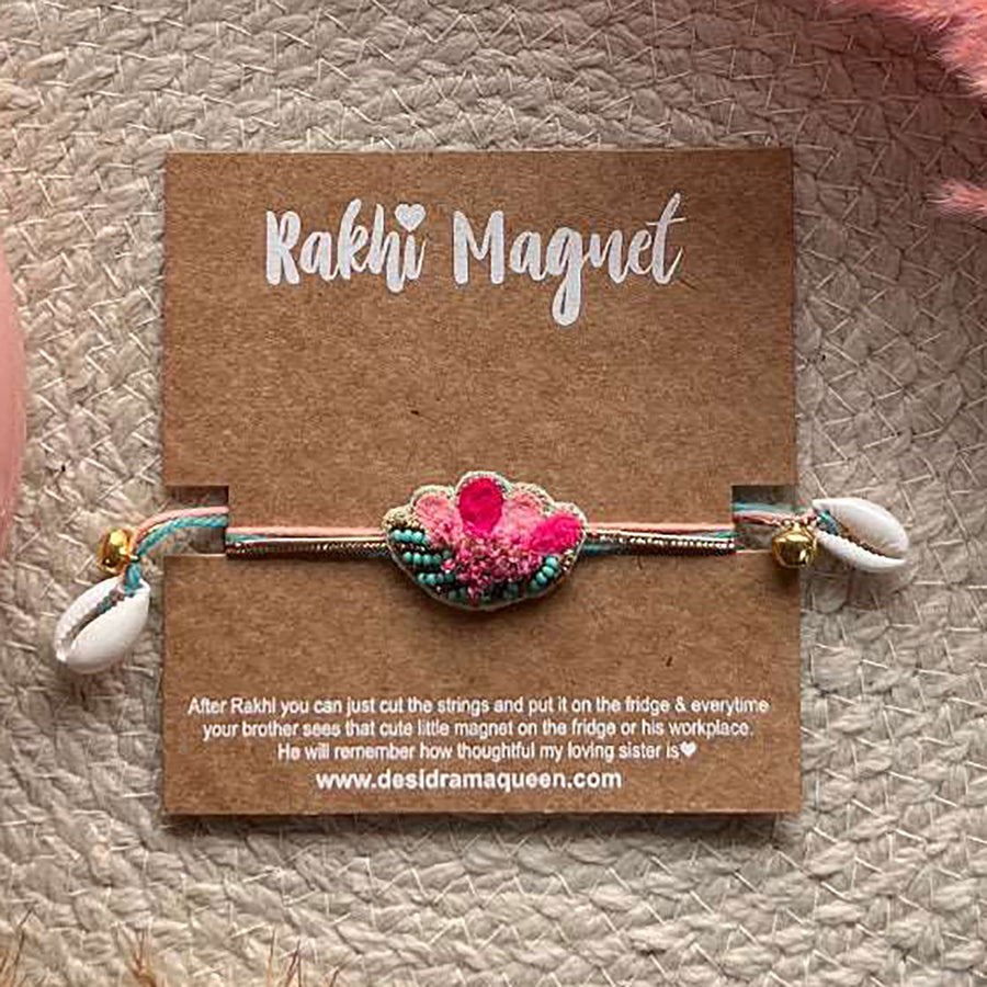 Handmade Flower Design Ghungroo And Shell Felt Rakhi For Brother - Front View with Packaging Card