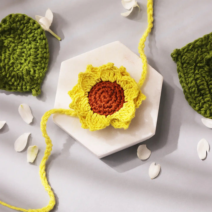 Handmade Crochet Sunflower Rakhi With Roli Chawal