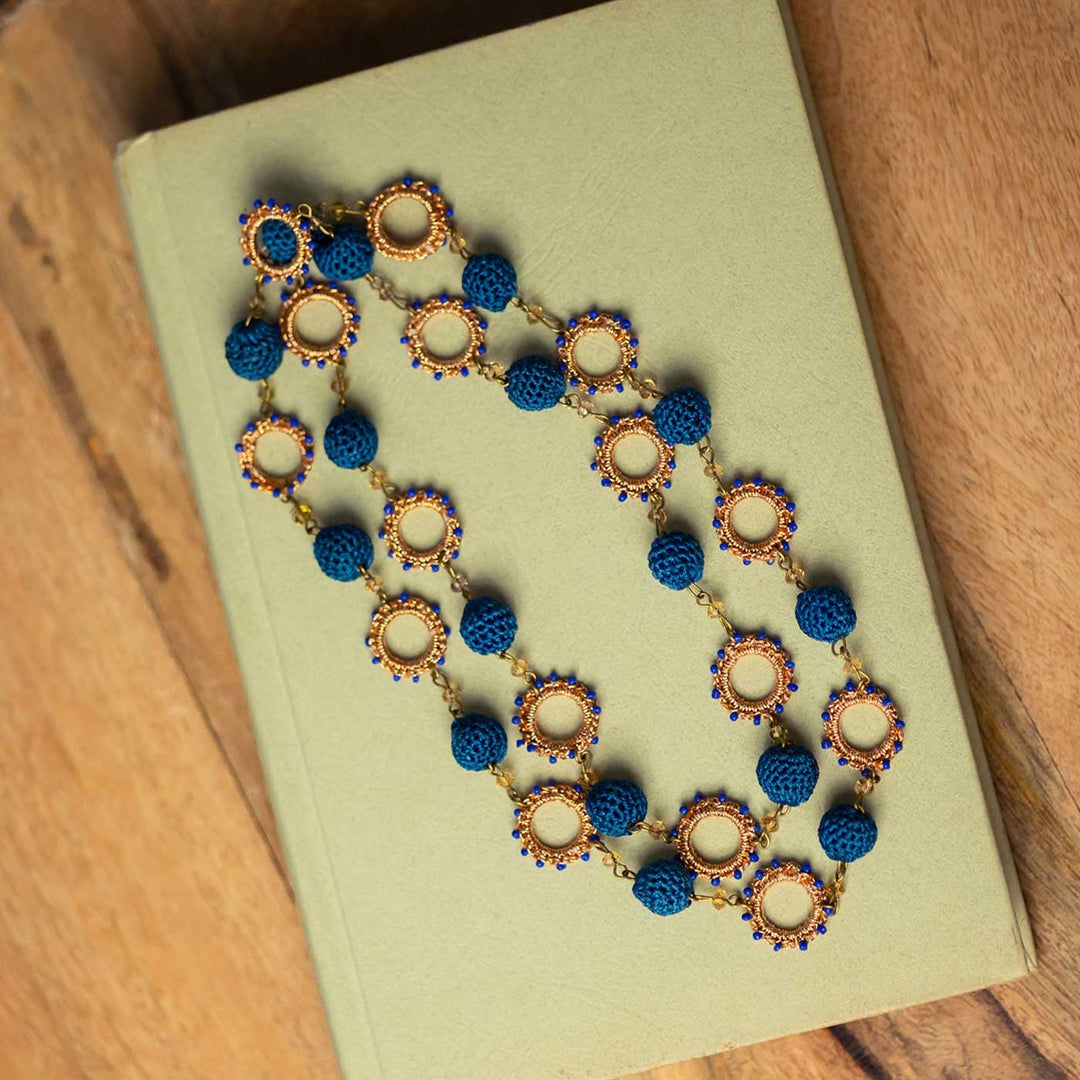 Handmade Crochet Cobalt Blue Metallic Cheer Necklace