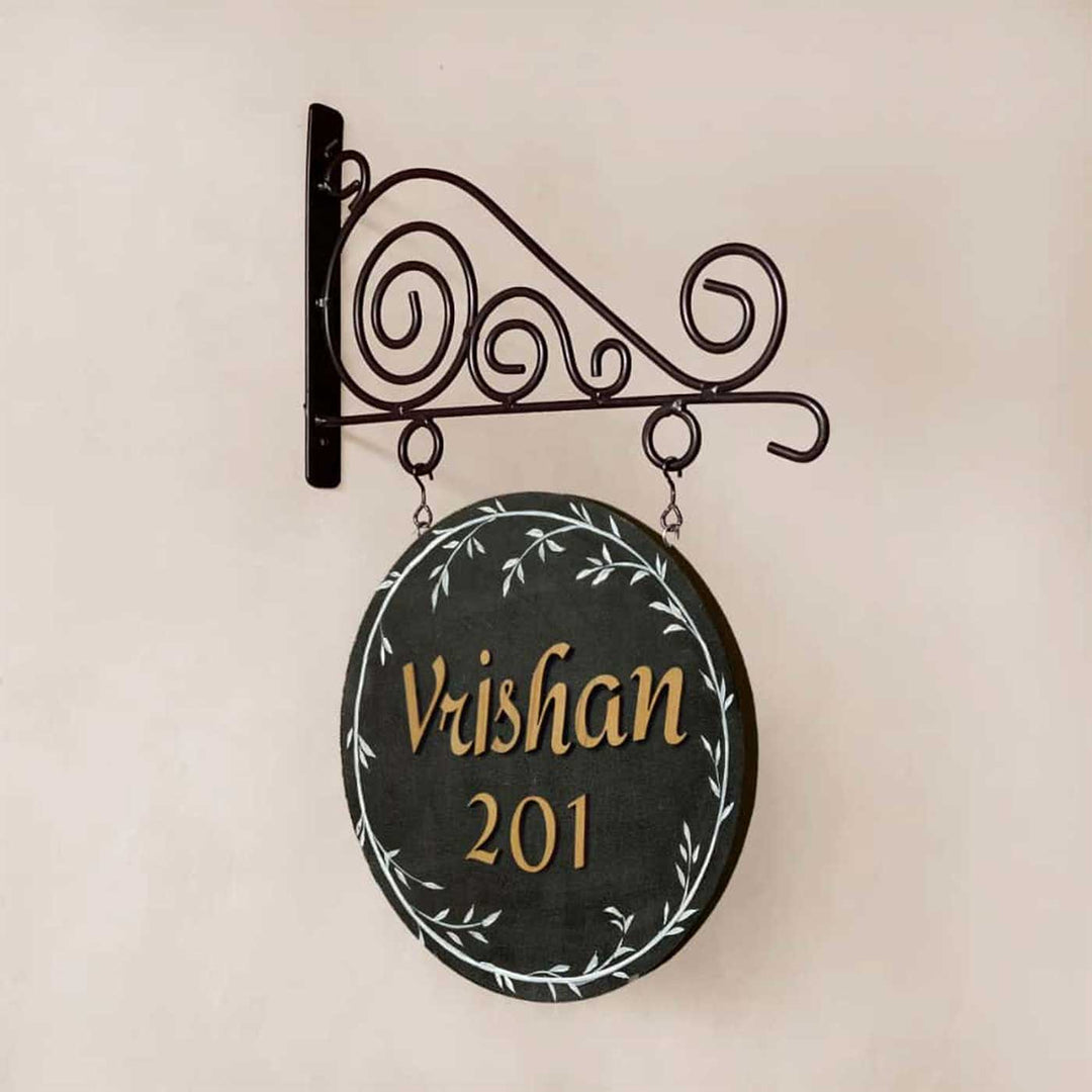 Personalized Hand Painted Grey Wood And Metal Name Plate - Hanging from Decorative Wall Bracket
