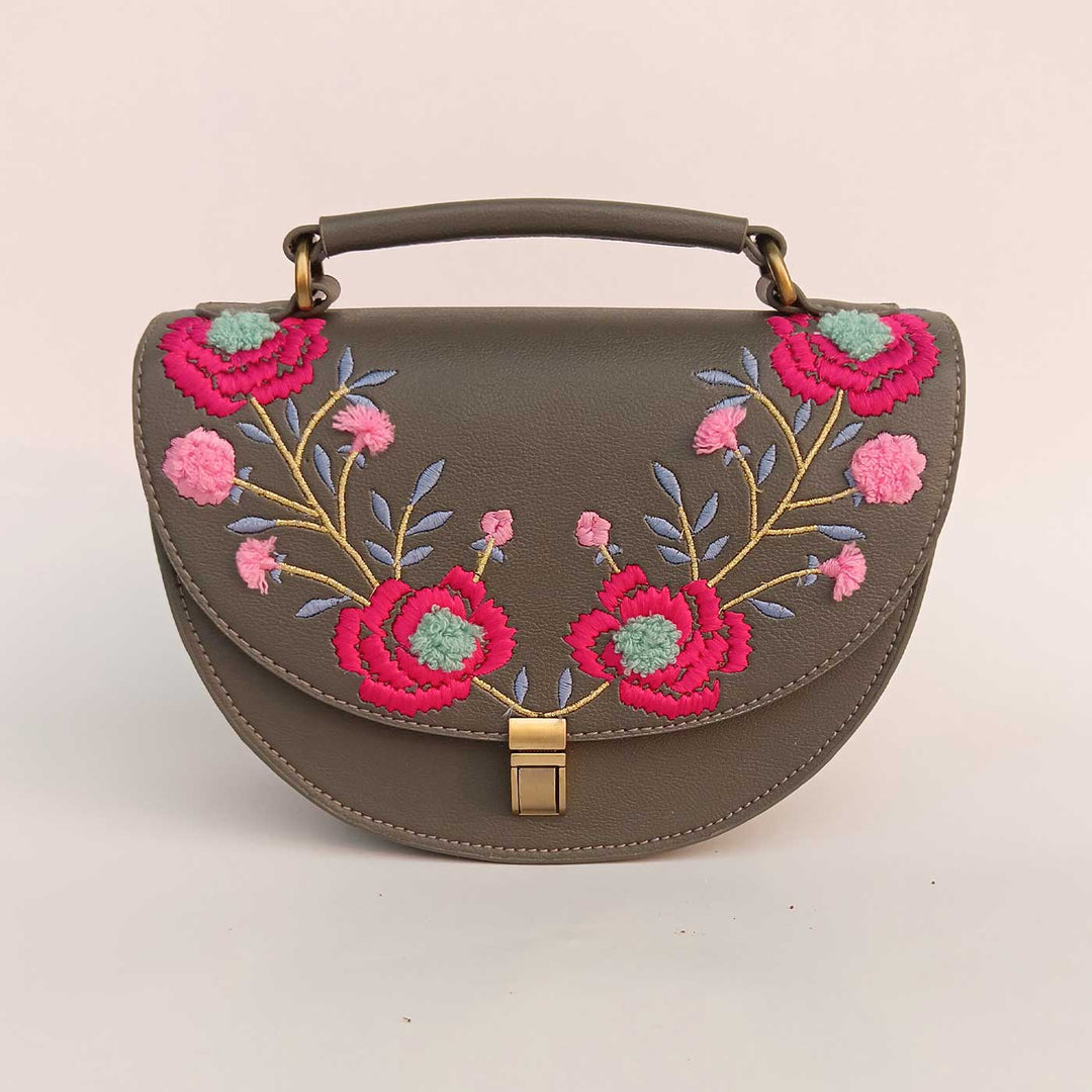 Handmade Embroidered Flower Design Black Rexine Sling Bag