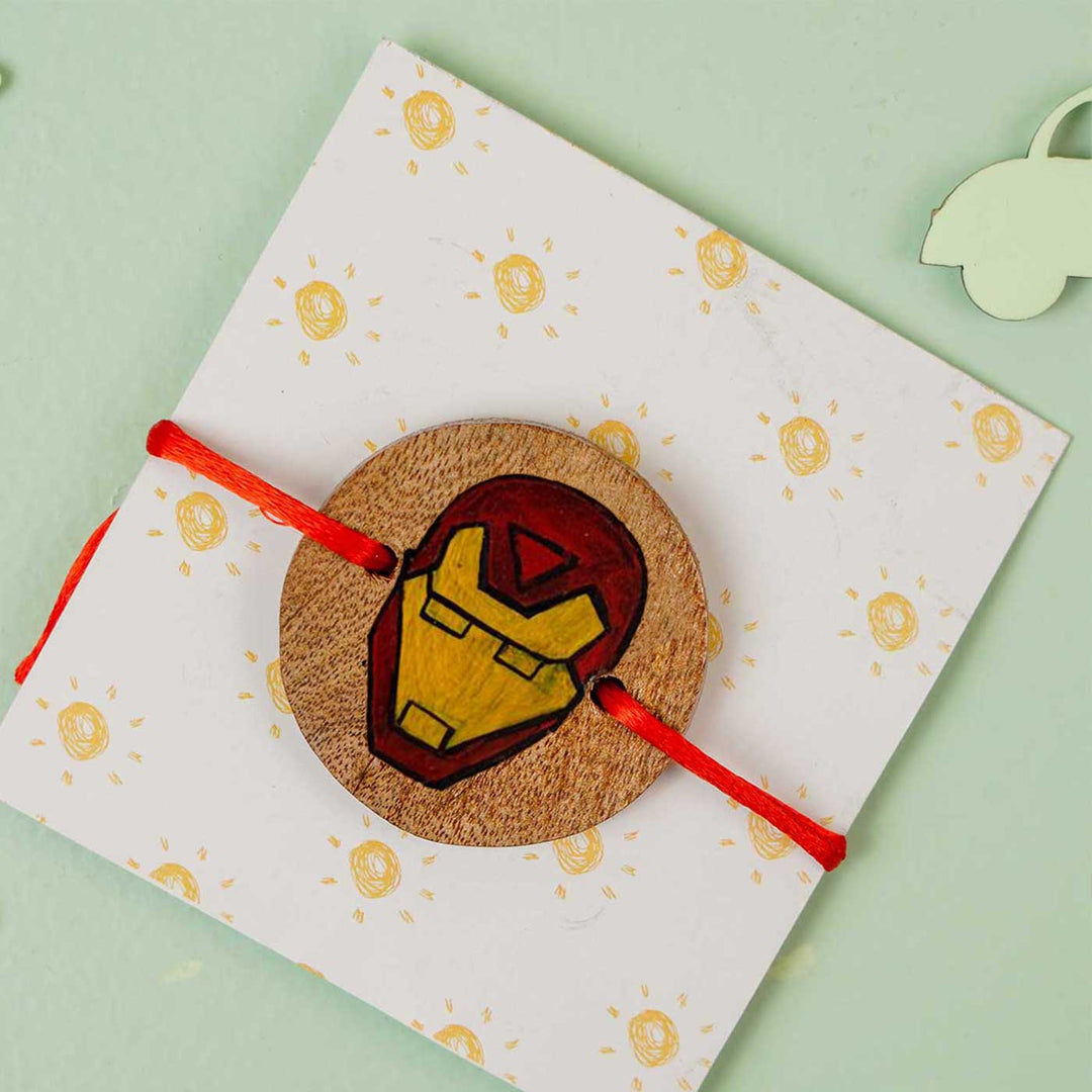 Personalized Hand Painted Iron Man Theme Wooden Rakhi With Roli Chawal - Packaged with Card Display