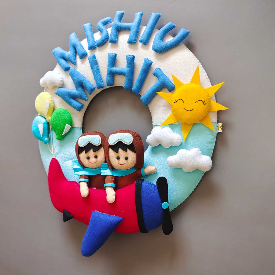 Personalized Plane Theme Felt Kids Name Plate For Siblings - Front View Hanging Display