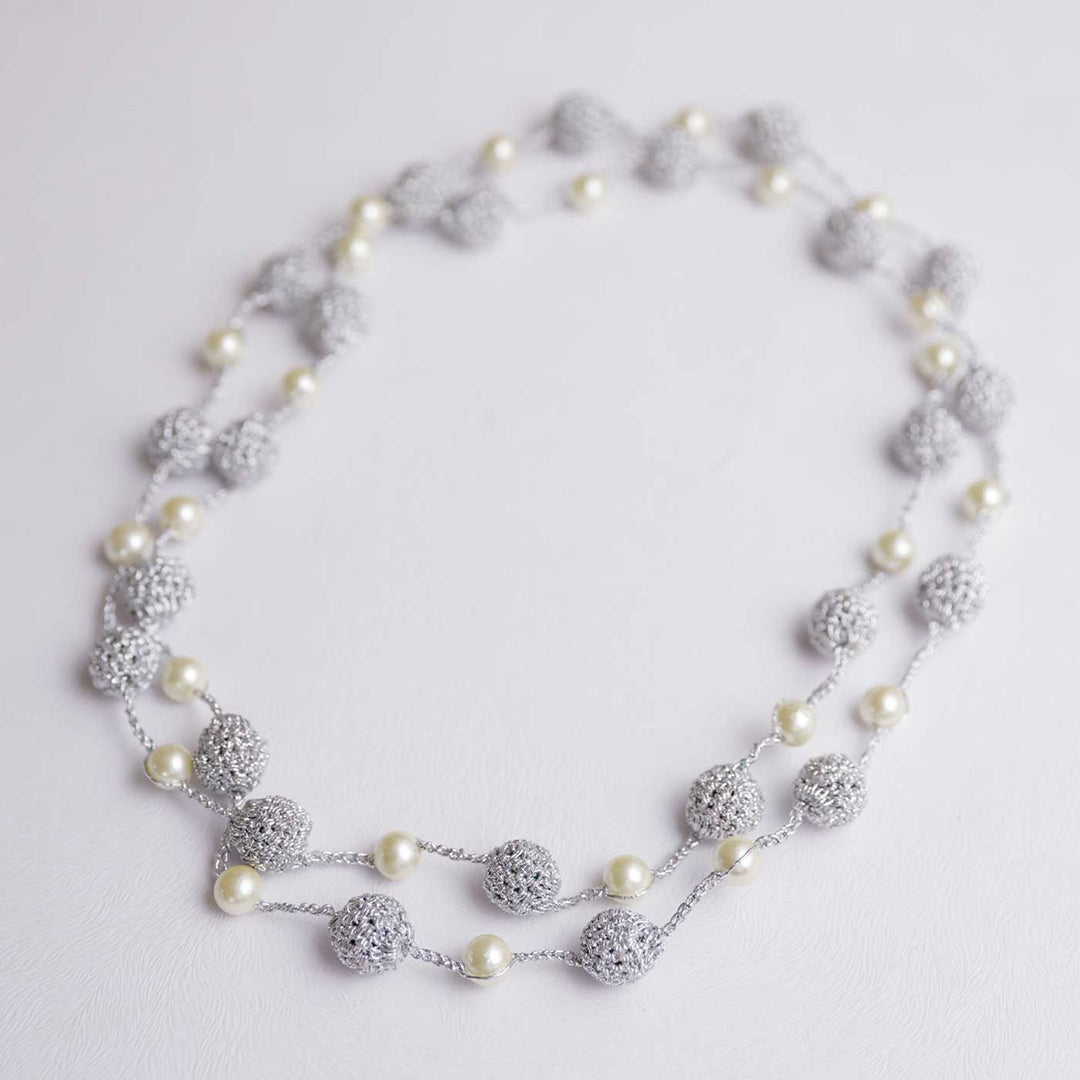 Handmade Crochet Silver Nakshatra Pearl Necklace