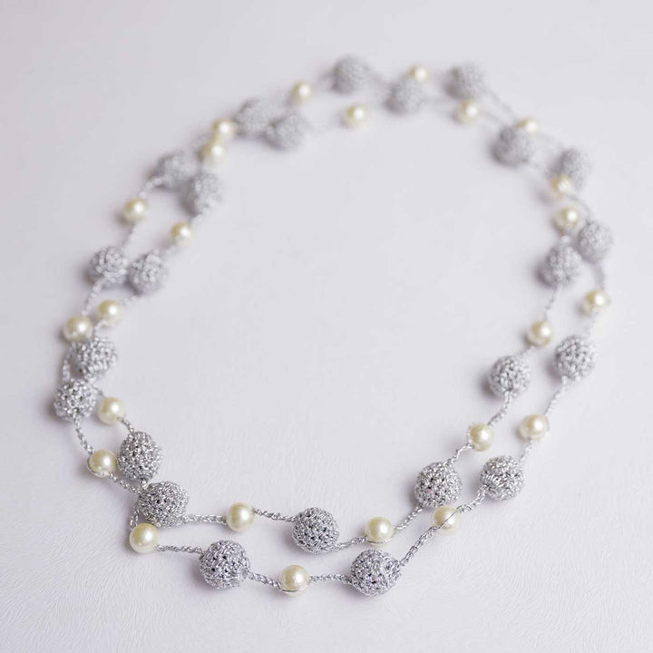 Handmade Crochet Silver Nakshatra Pearl Necklace