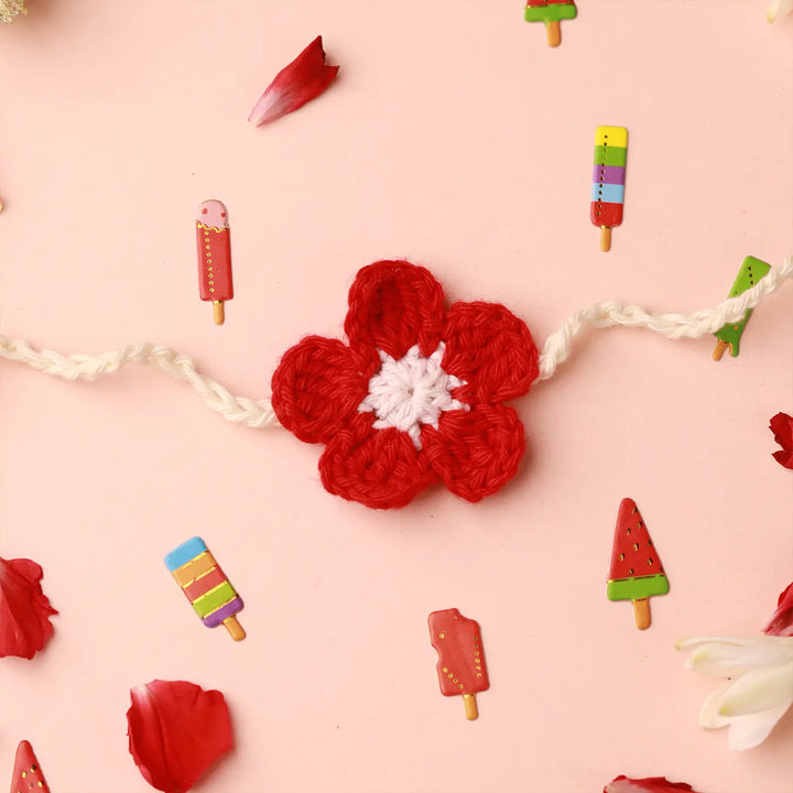 Handmade Crochet Red Flower Rakhi With Roli Chawal