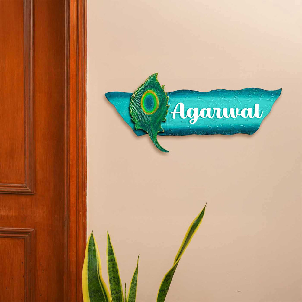Personalized Peacock Feather Theme Mdf Wood Name Plate - Mounted on Entryway Wall