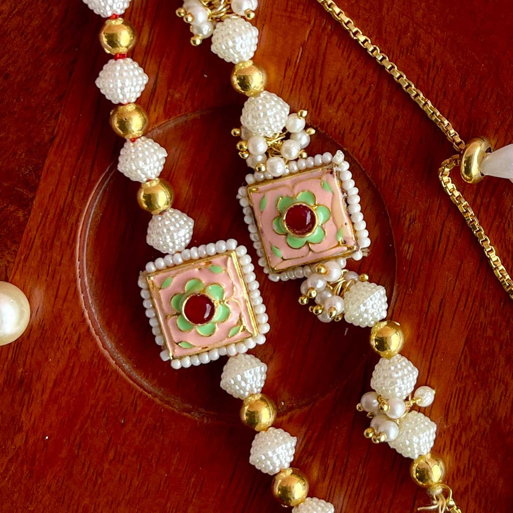 Handmade Square Flower Design Pearl And Stone Bhaiya Bhabhi Rakhi - Close-up of Beaded Detail
