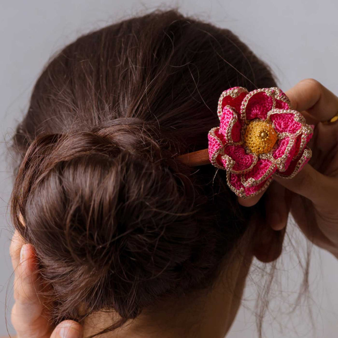 Handmade Crochet Shimmer Pink Lotus Design Hairstick