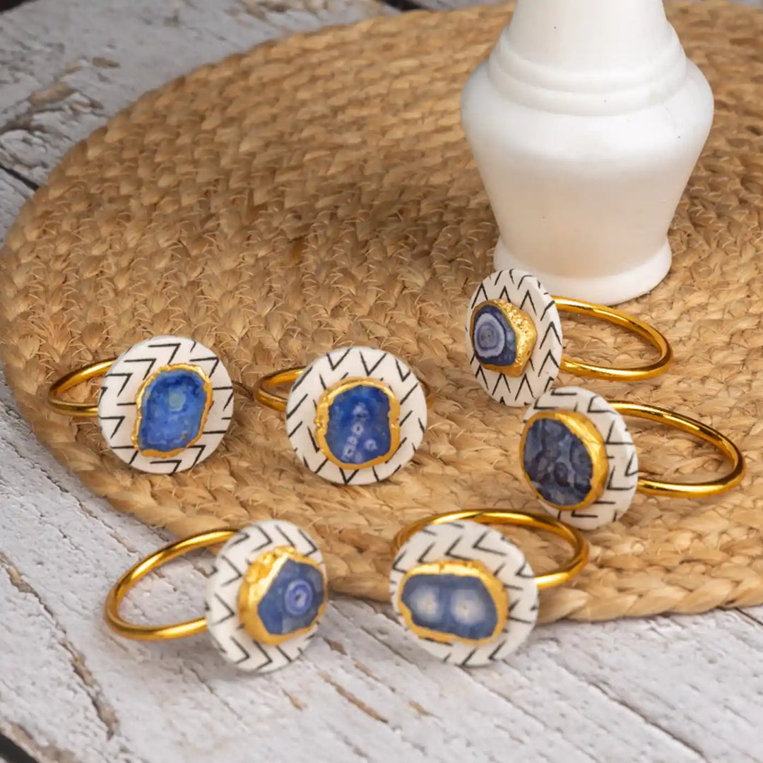 Black And White Cotton Fabric Coated MDF Napkin Rings With Agate Accent Premium Dining Set | Set of 6