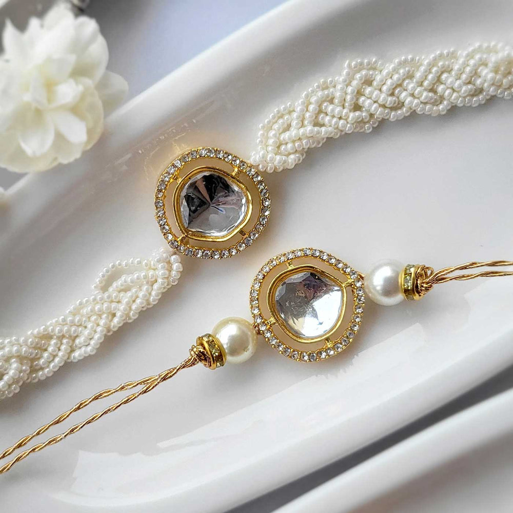 Handmade Beaded Pearl Bracelet Rakhi Hamper With Roli Chawal For Bhaiya And Bhabhi - Close-up of Rakhi Gemstones