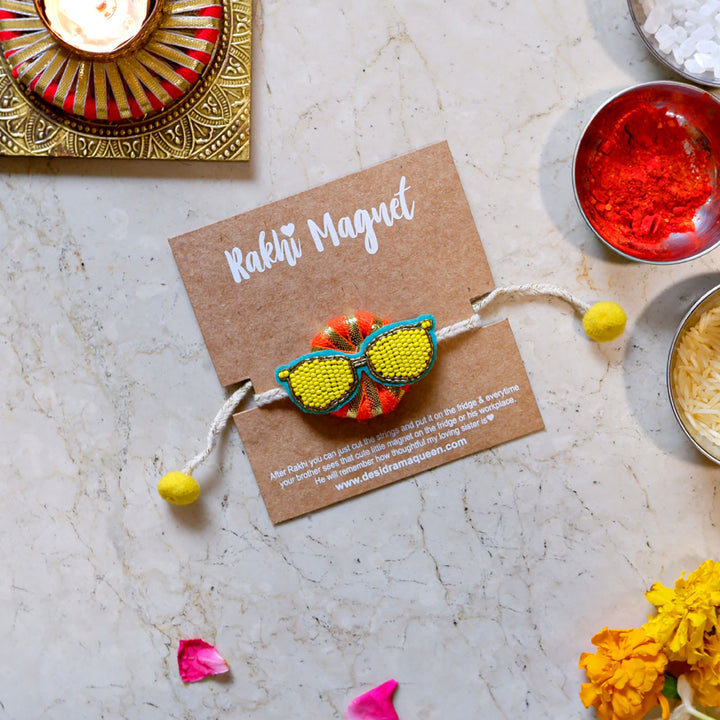 Handmade Reusable Chashma Pom Pom Felt Kids Rakhi - Front View on Branded Card